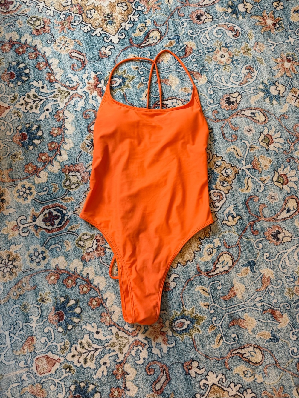 Orange Strappy Tie Back One Piece Swimsuit Size M High Cut
